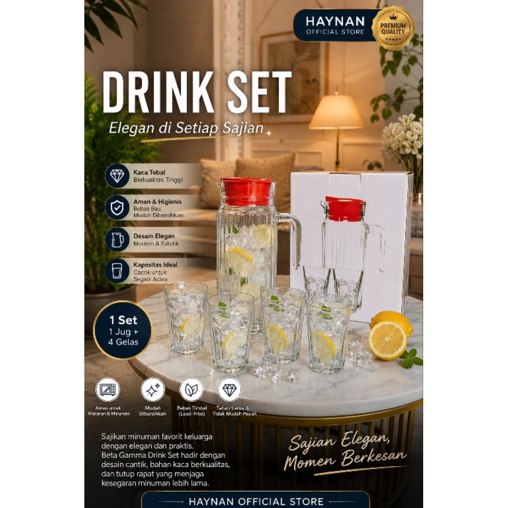 DRINK SET KACA ELEGAN (1JUG/PITCHER + 4GELAS) | Souvenir Murah | Hampers