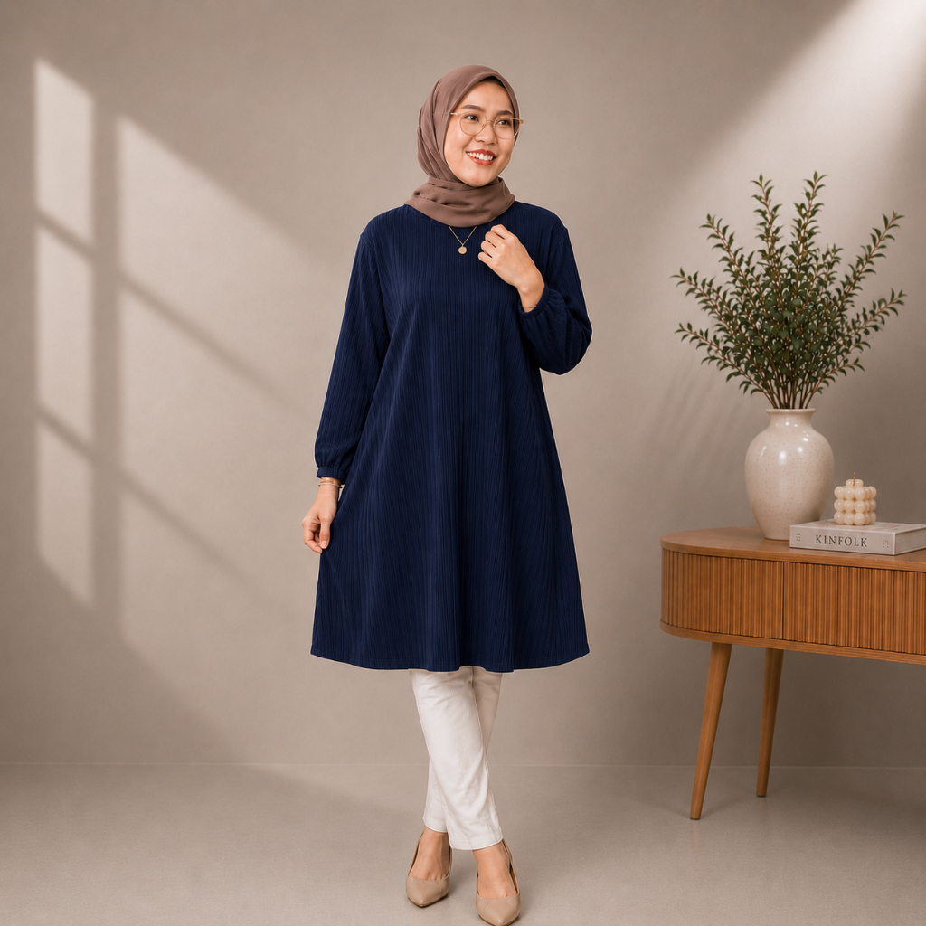 DRESS TUNIK KNIT HORNET POLOS LD 120 LENGAN KARET ATASAN WANITA Melar Midi Muslim Panjang