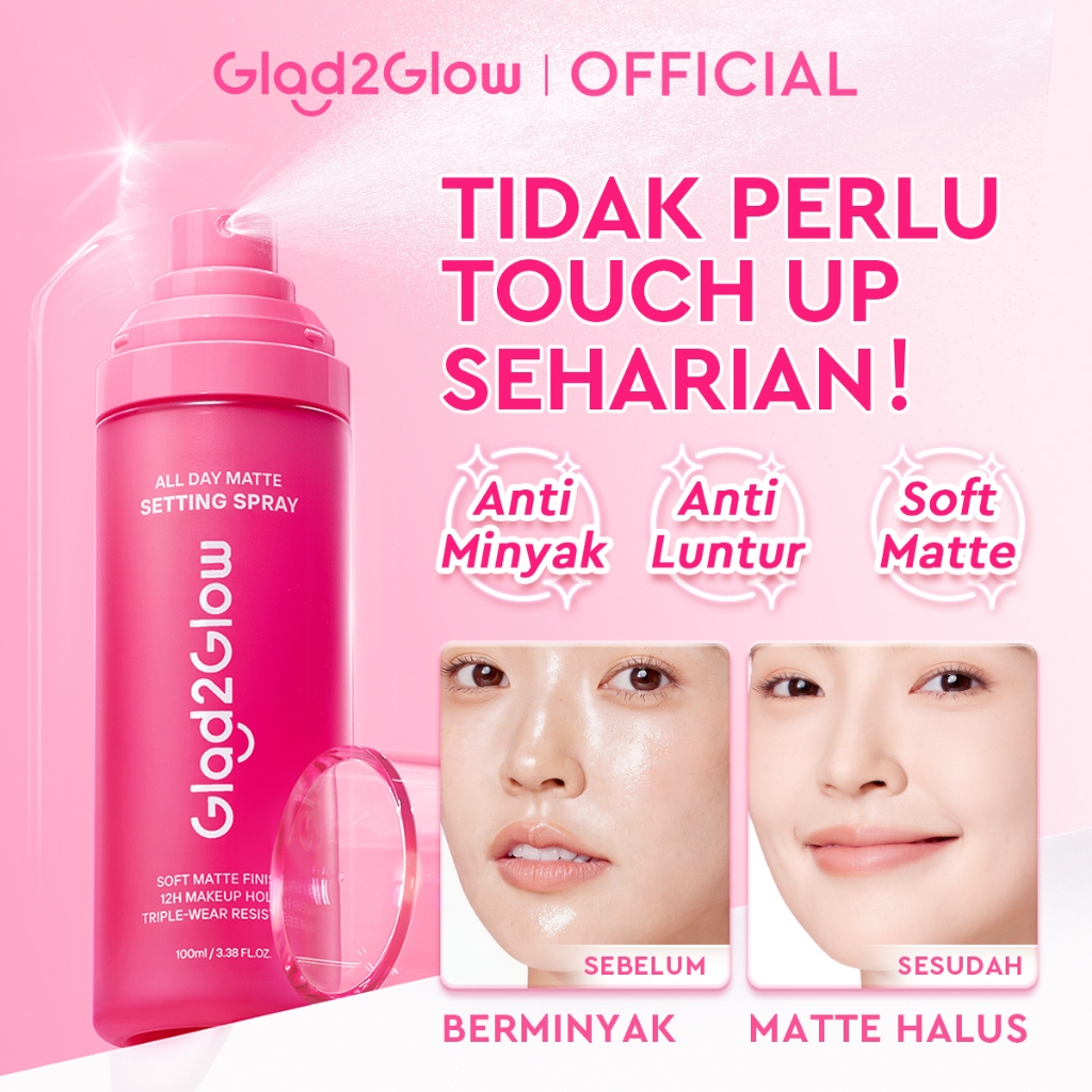 Glad2Glow All Day Matte Setting Spray Make up Flawless | 12H Tahan Lama | Soft Matte Finish | Powder