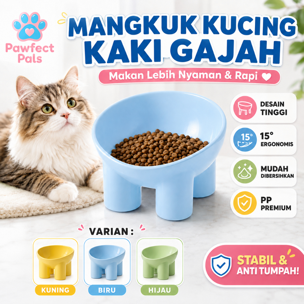 Pawfect Pals - Mangkuk Kucing Kaki Gajah M44 Tempat Makan Hewan Pet Bowl Tinggi 15° Anti Tumpah untu
