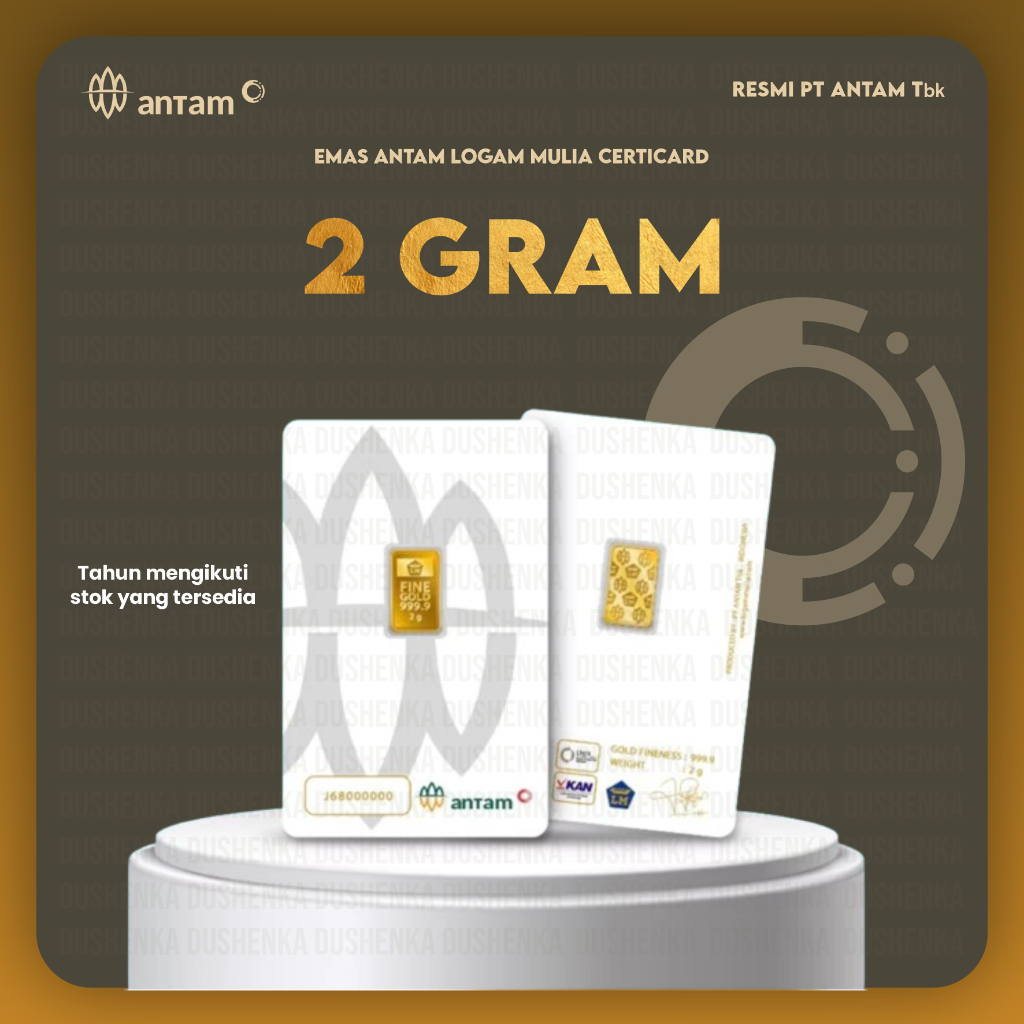 Logam Mulia Emas Antam 1 Gram  Produksi: PT Antam Tbk (Indonesia)  Berat: 2 Gram  Kemurnian: 24K (99