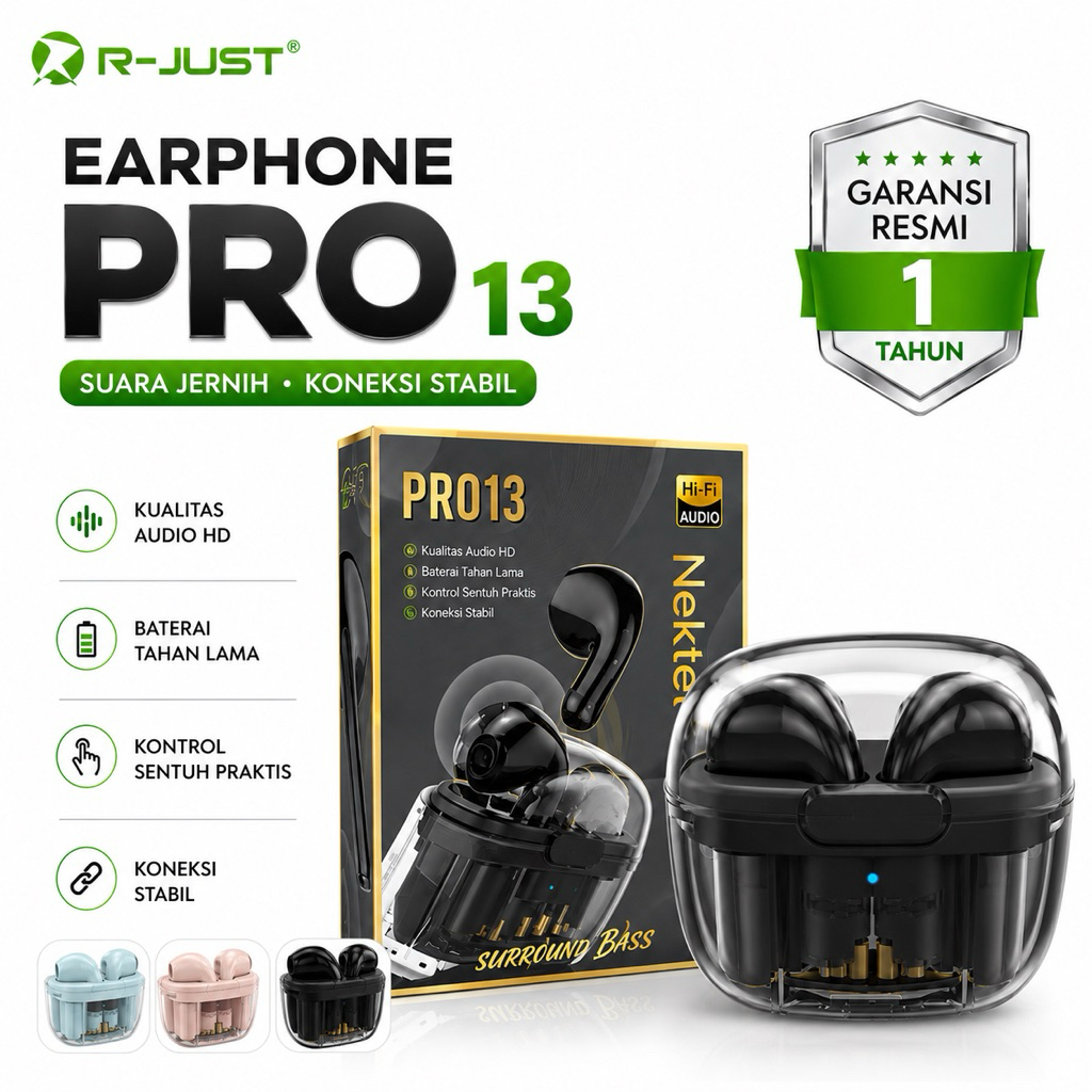 Headset TWS GARANSI 1 TAHUN NEKTECK PRO 13 Original Earphone Wireless Bluetooth HiFi Jernih