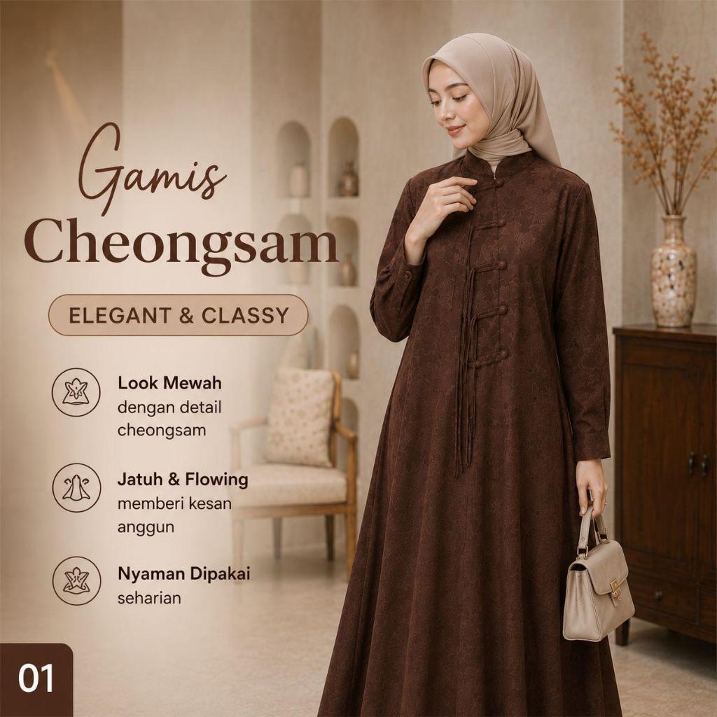 Gamis Muslim Wanita Premium Cheongsam Airflow Embos - Gamis Premium Elegan & Modern