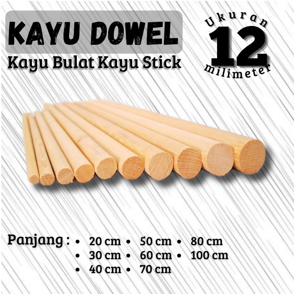 Kayu Dowel, Dowel Bulat, Kayu Stik Diameter 12 mm