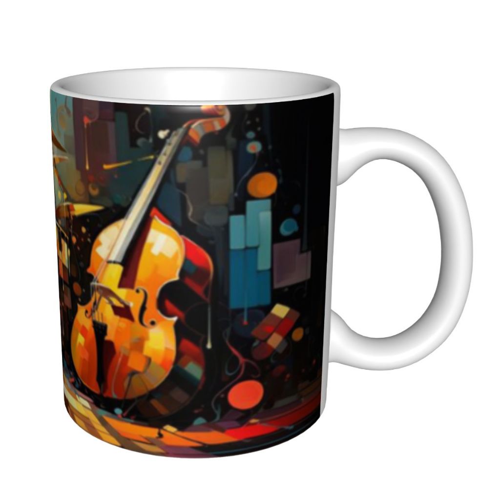 Gelas Kopi Mug Keramik Motif Alat Musik Jazz Abstrak,Minum Estetik Seni Modern Hadiah Pecinta Musik