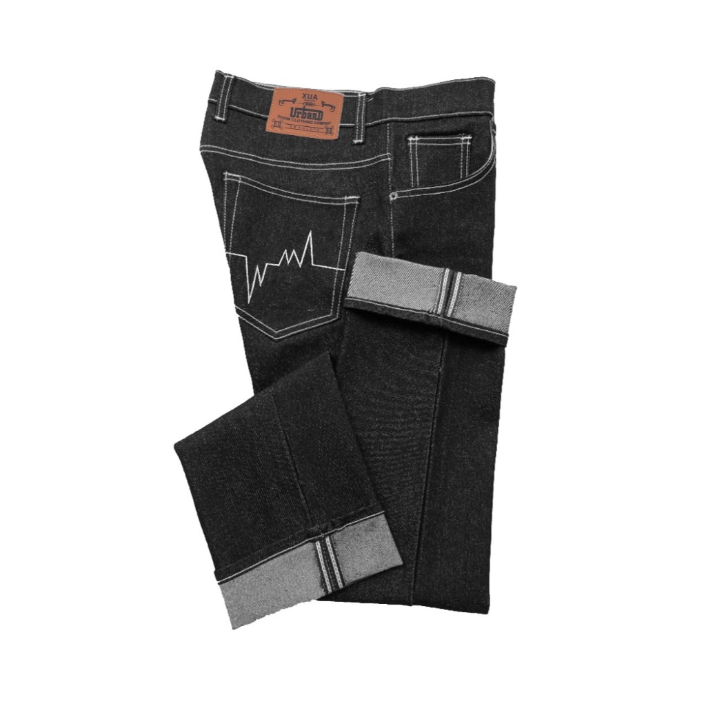 Celana Denim Pria Selvedge 13 Oz - Kaku, Slim Straight, dan Selvedge Aksena Cream C004