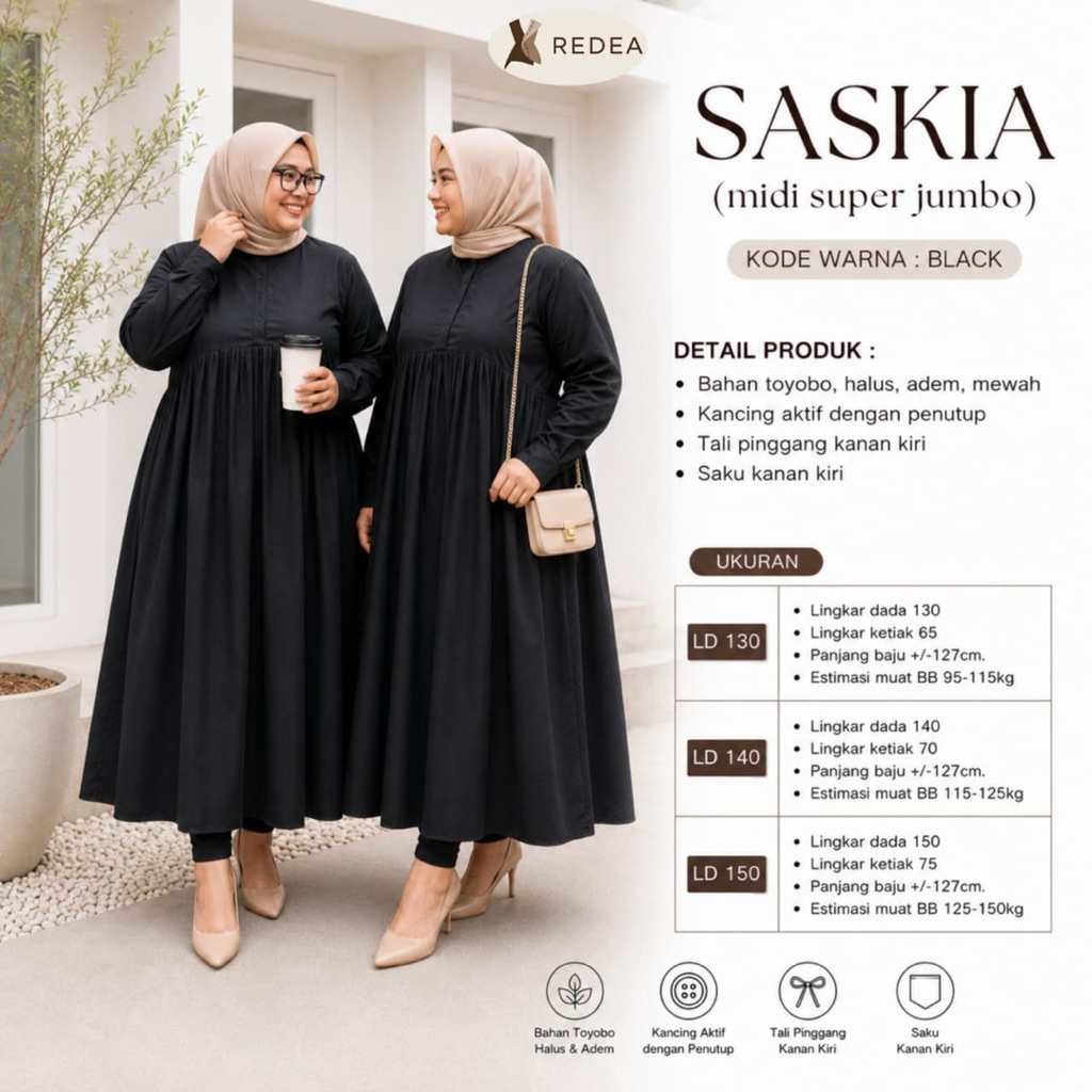 Dress Wanita Saskia Jumbo Midi Bahan Katun Toyobo Fodu Motif Polos Busui Friendly LD130 140 150
