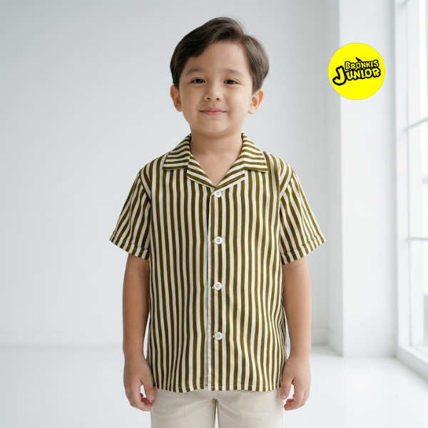 Bronkis Junior Kemeja Anak Laki Laki Lengan Pendek Premium Rayon Warna Putih Gold Motif Stripe Salur