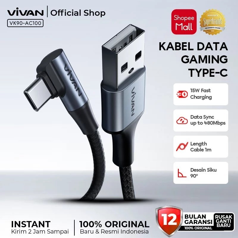 VIVAN VK90-AC100 Kabel Charger Type C Siku 90 15W Fast Charging 1M Black