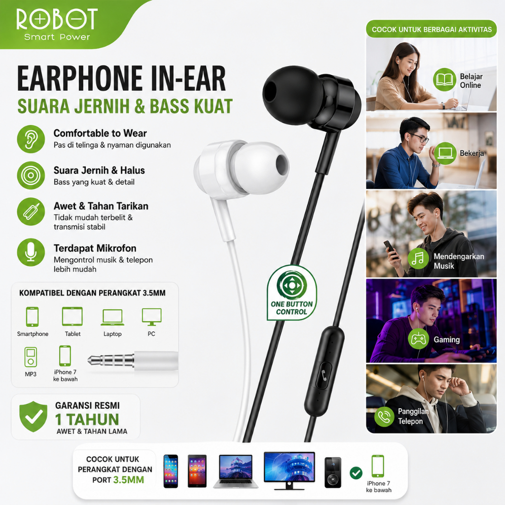 ROBOT Headset Kabel Earphone 3.5mm Super Bass With Mic Handsfree for Xiaomi Oppo Vivo Samsung iPhone