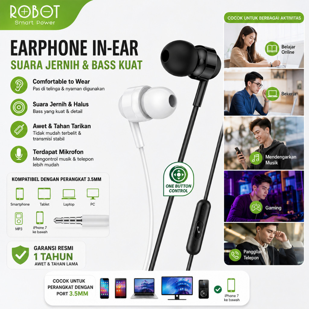ROBOT Headset Kabel Earphone 3.5mm Super Bass With Mic Handsfree for Xiaomi Oppo Vivo Samsung iPhone - Original Garansi 1 Tahun RE20