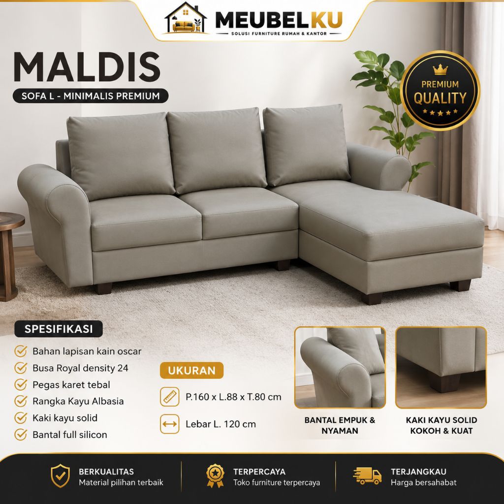 Sofa L Minimalis MALDIS Premium | Sofa Tamu Modern Empuk Nyaman Kain Oscar