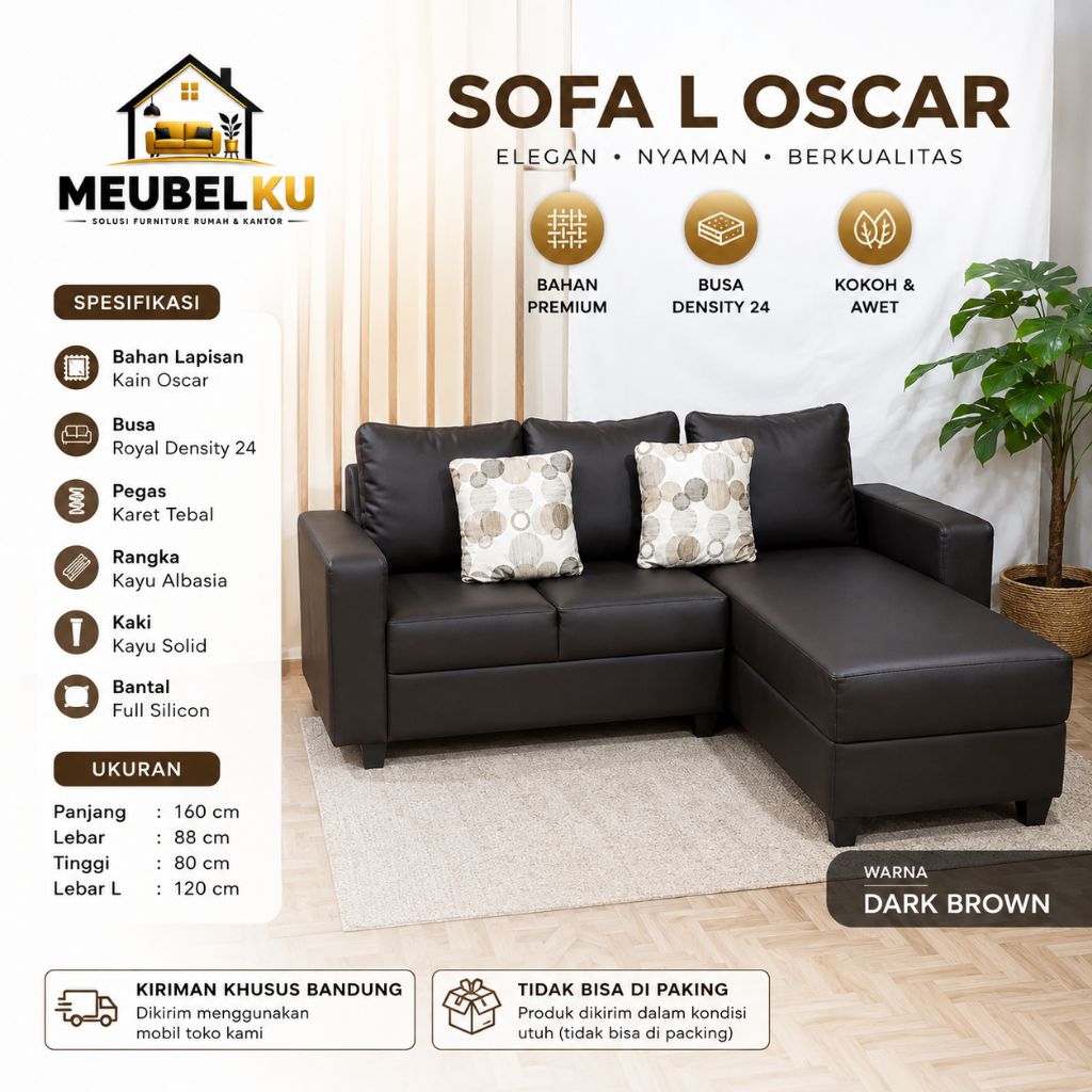 Sofa L Oscar Minimalis Modern Dark Brown Premium Ruang Tamu Sofa Sudut Nyaman Empuk