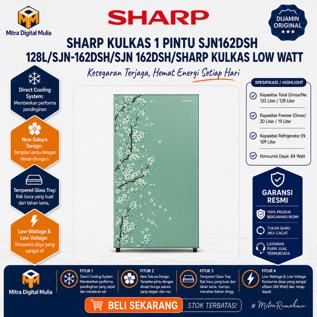 Sharp SJN162DSH Kulkas 1 Pintu 133L Direct Cooling System Tempered Glass Tray Aurora Series One Door
