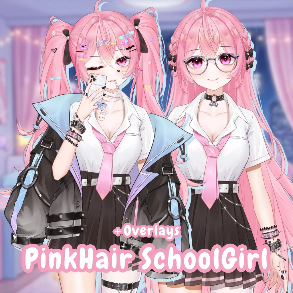 Karakter Live2D VTuber Model Pink Hair School Girl 2 in 1 Outfit Plus Overlay Pack VTube Studio
