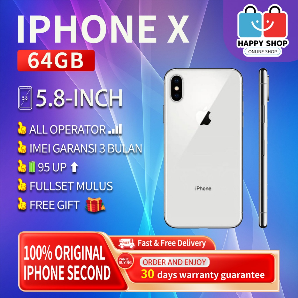 iPhone X 64GB Second/Bekas Original100% INTER 5.8"OLED-Ori Fullset Mulus Normal LikeNew Handphone