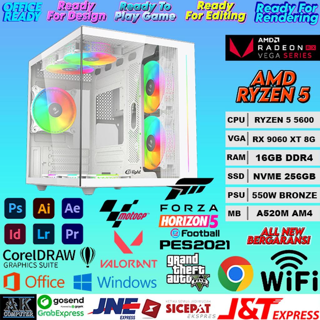 PC GAMING RAKITAN AMD RYZEN 5 5600 + RAM 16GB DDR4 + VGA RX 9060 XT 8GB + NVME 256GB | PC OFFICE | P