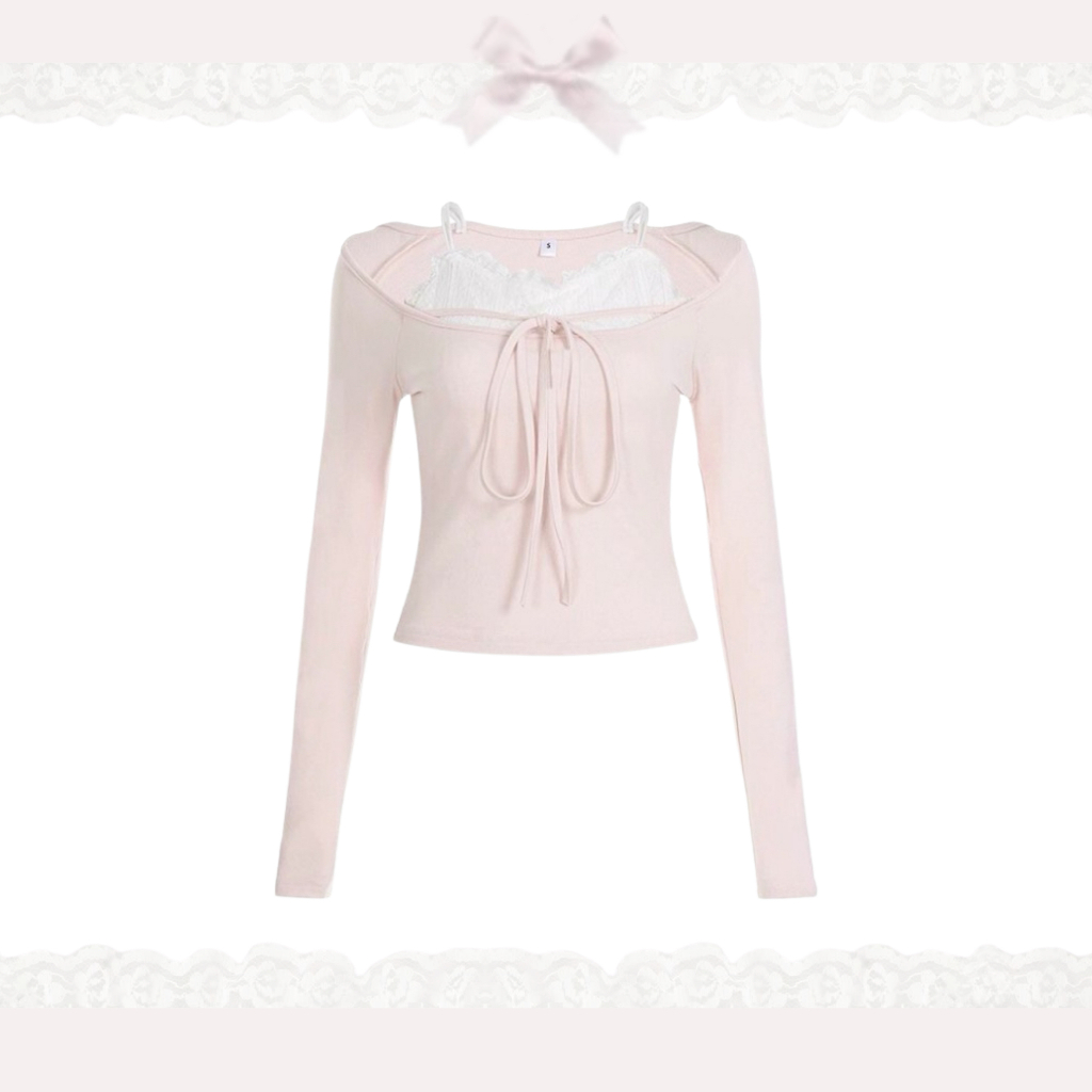 Jolie Top - Pink Ribbon Lace Top Long Sleeve / Coquette Top / Atasan Pink Lengan Panjang / Milkmaid 
