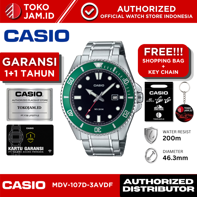 Casio MDV-107D-3AVDF Analog Diver Green Stainless Steel 200M Water Resistant Jam Tangan Pria