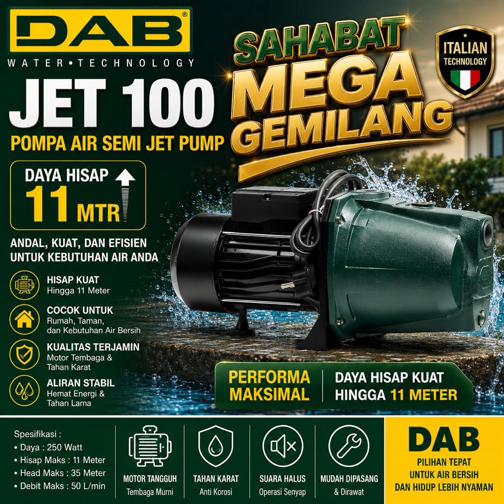 POMPA AIR DAB GARANSI SEMI JET PUMP JET-100 BIT ORIGINAL