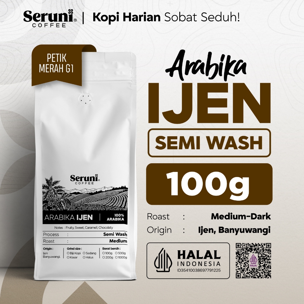 Kopi Arabika Ijen SEMI WASH - 100g | Petik Merah G1 | Medium - Dark Roast | Fresh Roast - SERUNI Cof