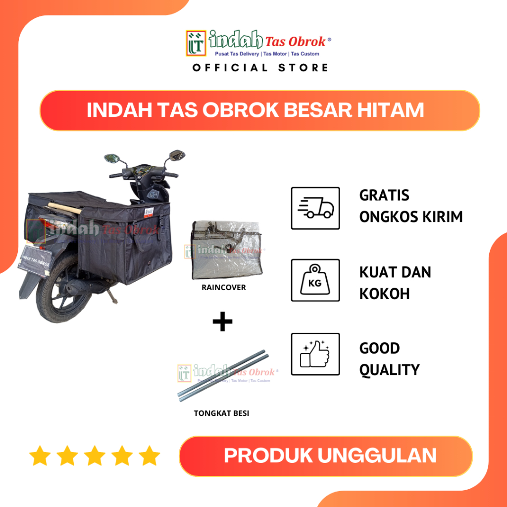 INDAH Tas Obrok -  [PAKET LENGKAP] Tas Pos Motor Besar Hitam Kuat + Tongkat Besi + Raincover