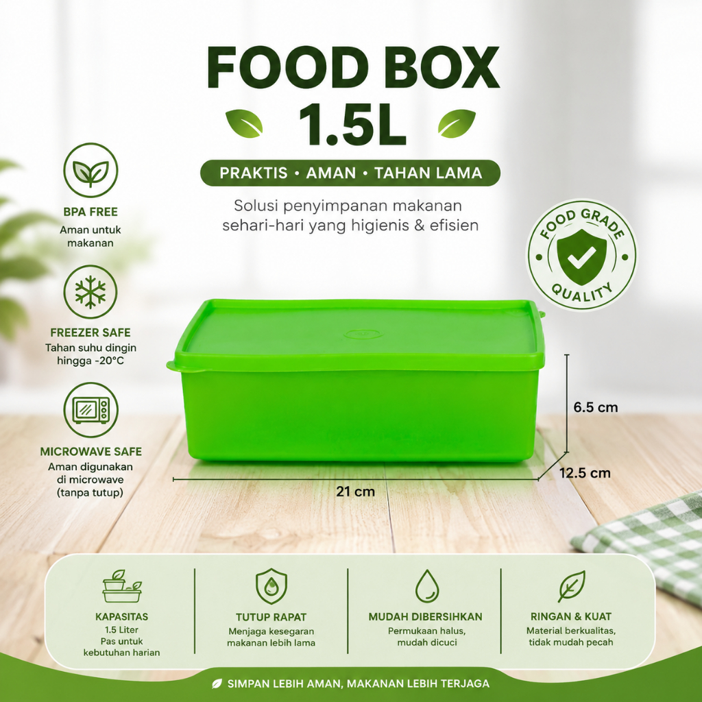 Food Box Plastik 1.5L/Kotak Makan Plastik Tanpa sekat/BPA Food Grade