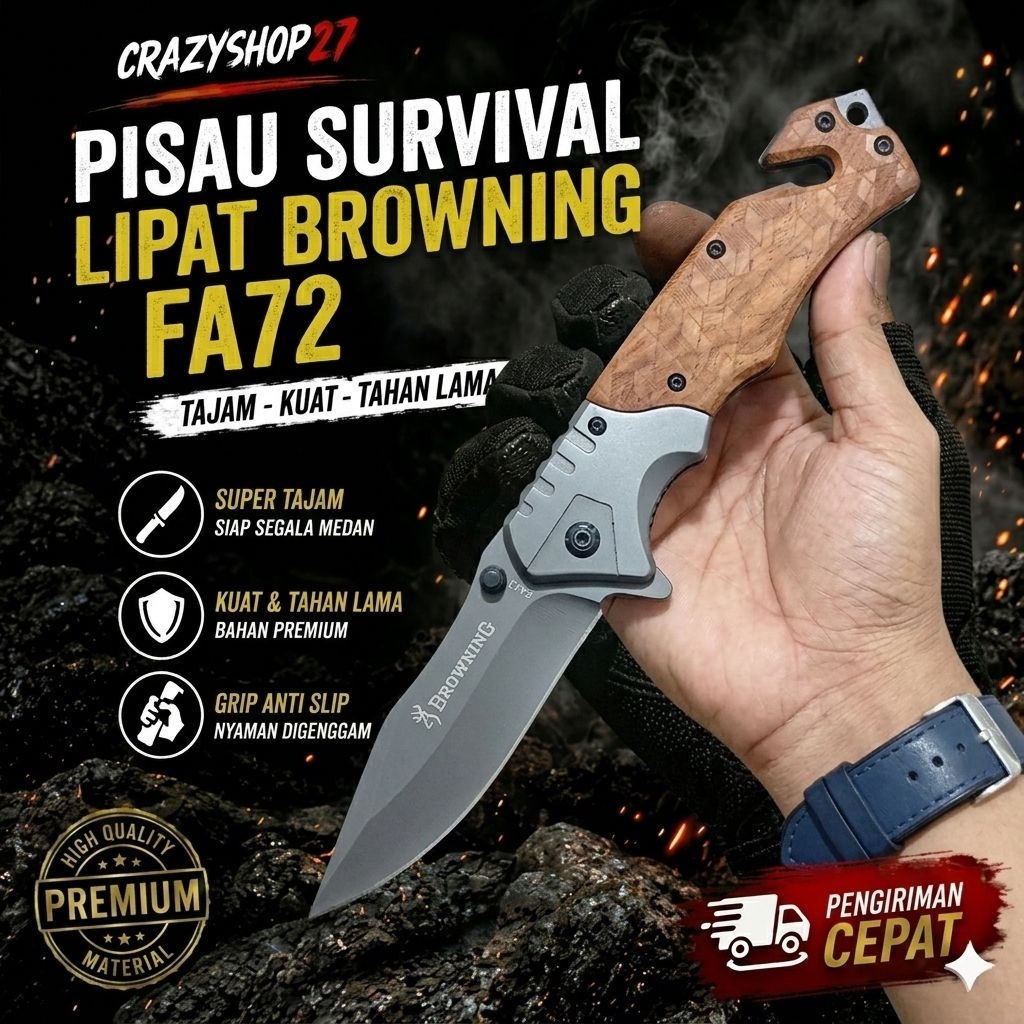 Pisau Survival Lipat Titanium Browning Solid Stell DA308 / Survival Kit / Survival