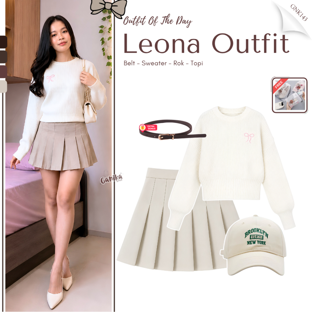 Leona Outfit ( Sweater + Rok Plisket Pendek + Topi ) Setelan One Set 3 in 1 Remaja Fahion Wanita - G