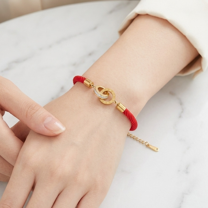 Gelang Tangan Tali Merah Mata Zircon Angka Romawi Aksesoris Fashion Cantik Elegan Premium Gold Gelan