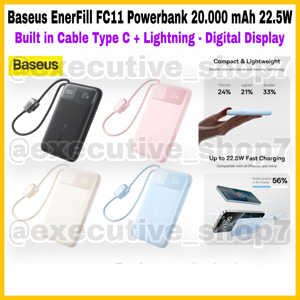 Baseus Enerfill FC11 Powerbank 20.000 mAh 22.5W - Built in Cable Type C + Lightning - Digital Displa