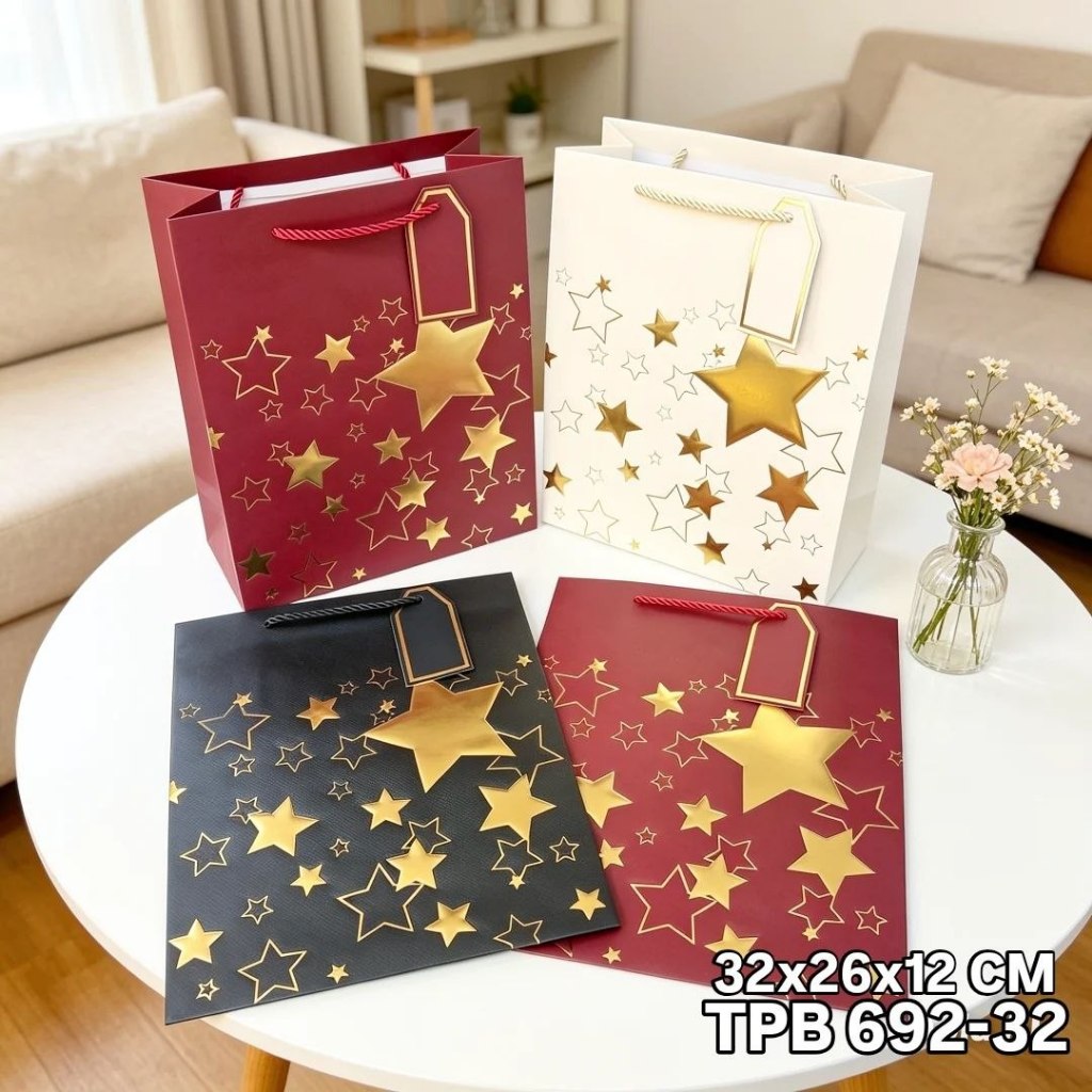 TPB 692-32 - ISI 12 PAPERBAG POTRAIT MEDIUM UK 32X26X12 CM MTF FULL STAR GOLD W MIX