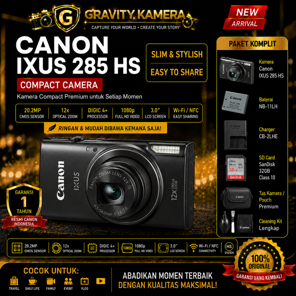 Canon IXUS 285 HS Kamera Digital Kompak Hitam 20.2MP 12x Zoom