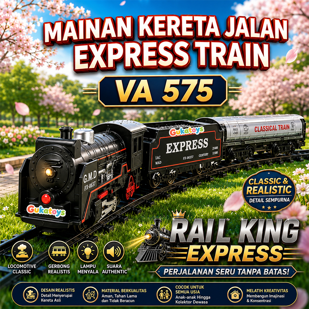 Gukatoys Mainan Kereta Api Rail King - Kereta Locomotif, Rel, Lampu Depan, 2 AA Baterai