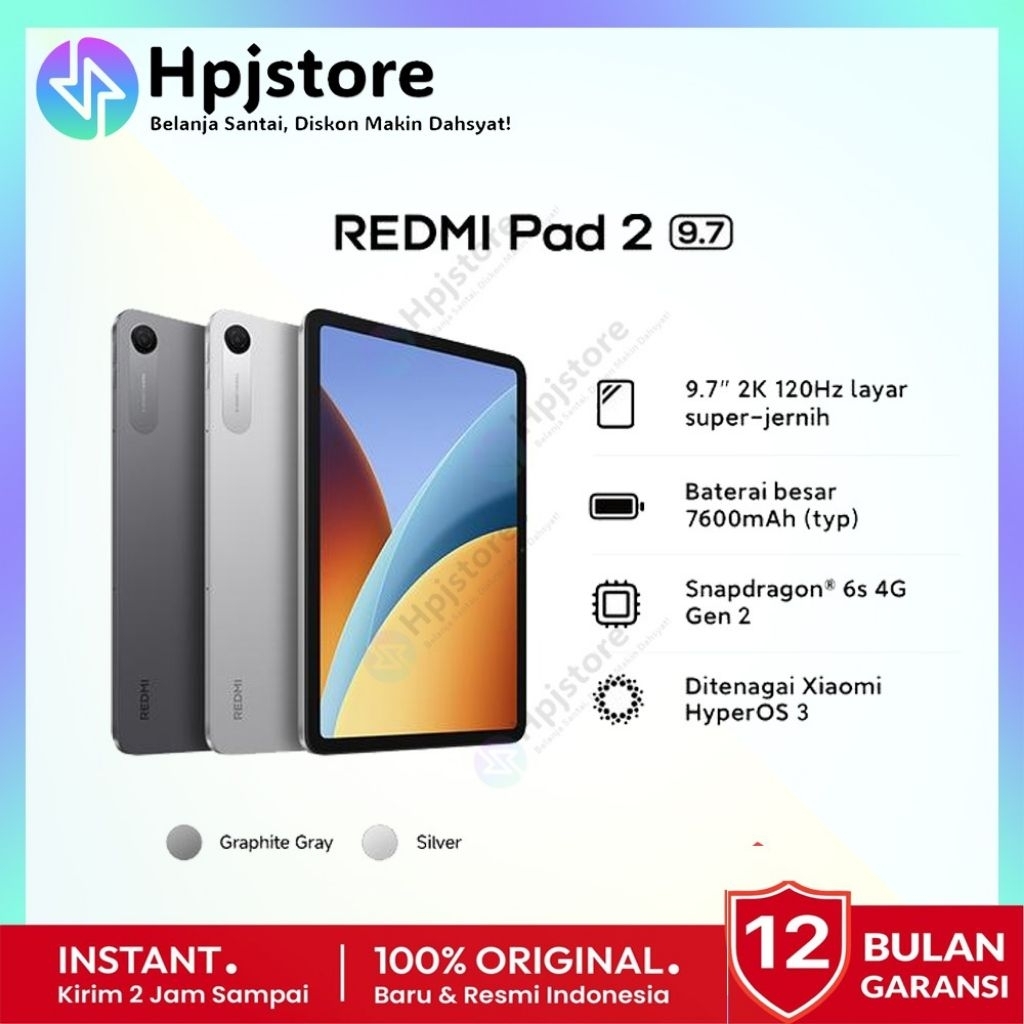 Xiaomi REDMI Pad 2 9.7 - RAM 4GB+64GB | Tablet Layar 9,7"2K 120 Hz | Daya7600 mAh 18W Type C | Tab X