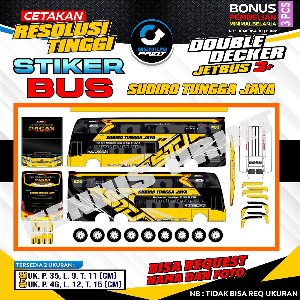 Stiker Mainan Miniatur Bus DOUBLE DECKER JETBUS 3+  Sudiro Tungga Jaya (STJ) Uk. 35/46cm