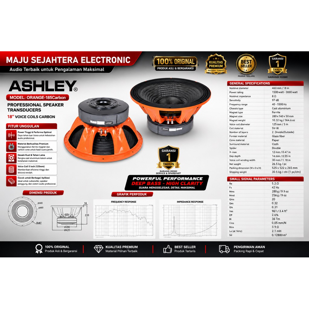 SPEAKER KOMPONEN ASHLEY 18 INCH ORANGE-185CARBON / ORANGE 185CARBON / ORANGE185CARBON ORIGINAL DOUBL
