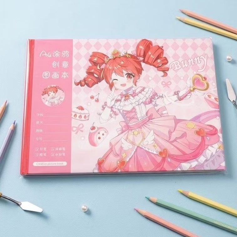 Buku Gambar A4  Karakter Anime Bunny Cewe Lucu / Sketsa Mewarnai Anak Sekolah & Kreativitas Premium