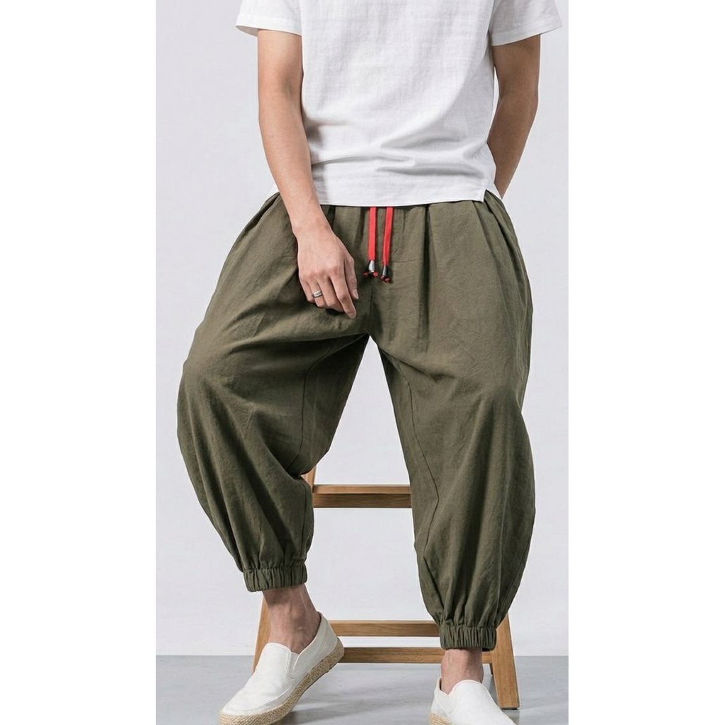 Celana Panjang Harem Linen Pria Wanita Korean Style Loose Aladin Pants Size M L XL XXL Tidak Nerawan