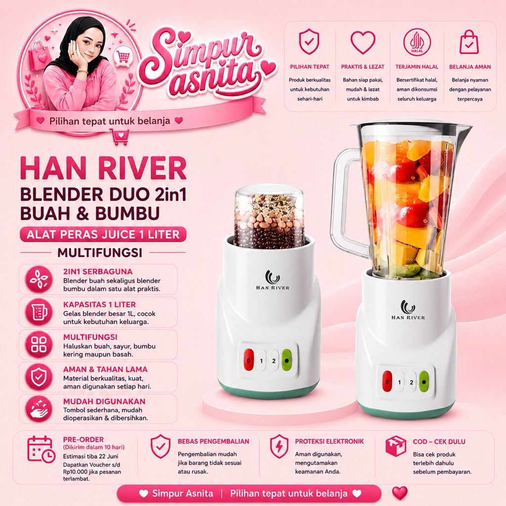 HAN RIVER Blender Duo 2in1 Buah dan Bumbu Blender Jus Multifungsi Alat Peras Juice 1Liter Multifungs
