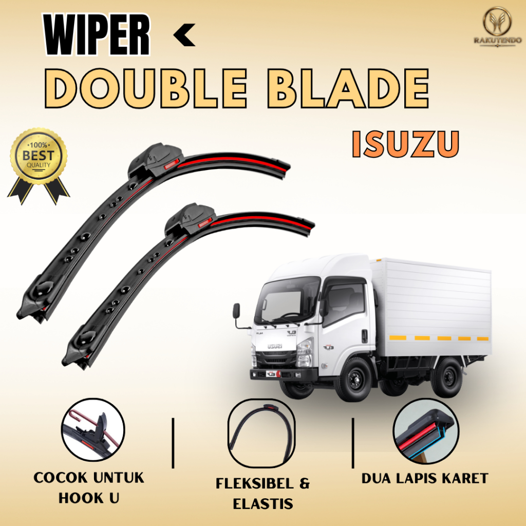 Wiper Frameless Double Blade Truk ISUZU Wiper Dual Karet HOOK U/J Premium Tahan Lama