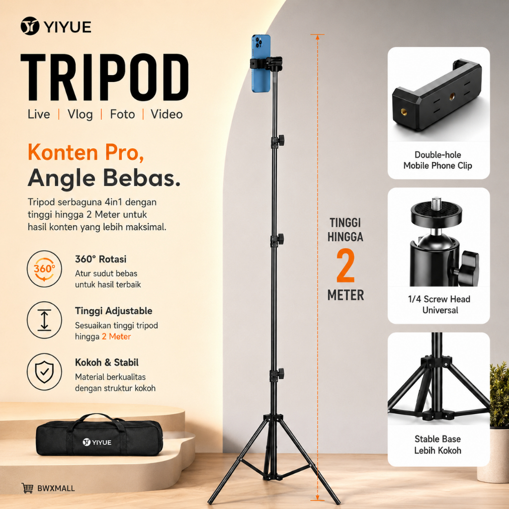 Tripod HP 4 in 1 Stand Smartphone Tongsis Monopod Teleskopik 2 Meter Tongkat Selfie Dengan Kepala Gi