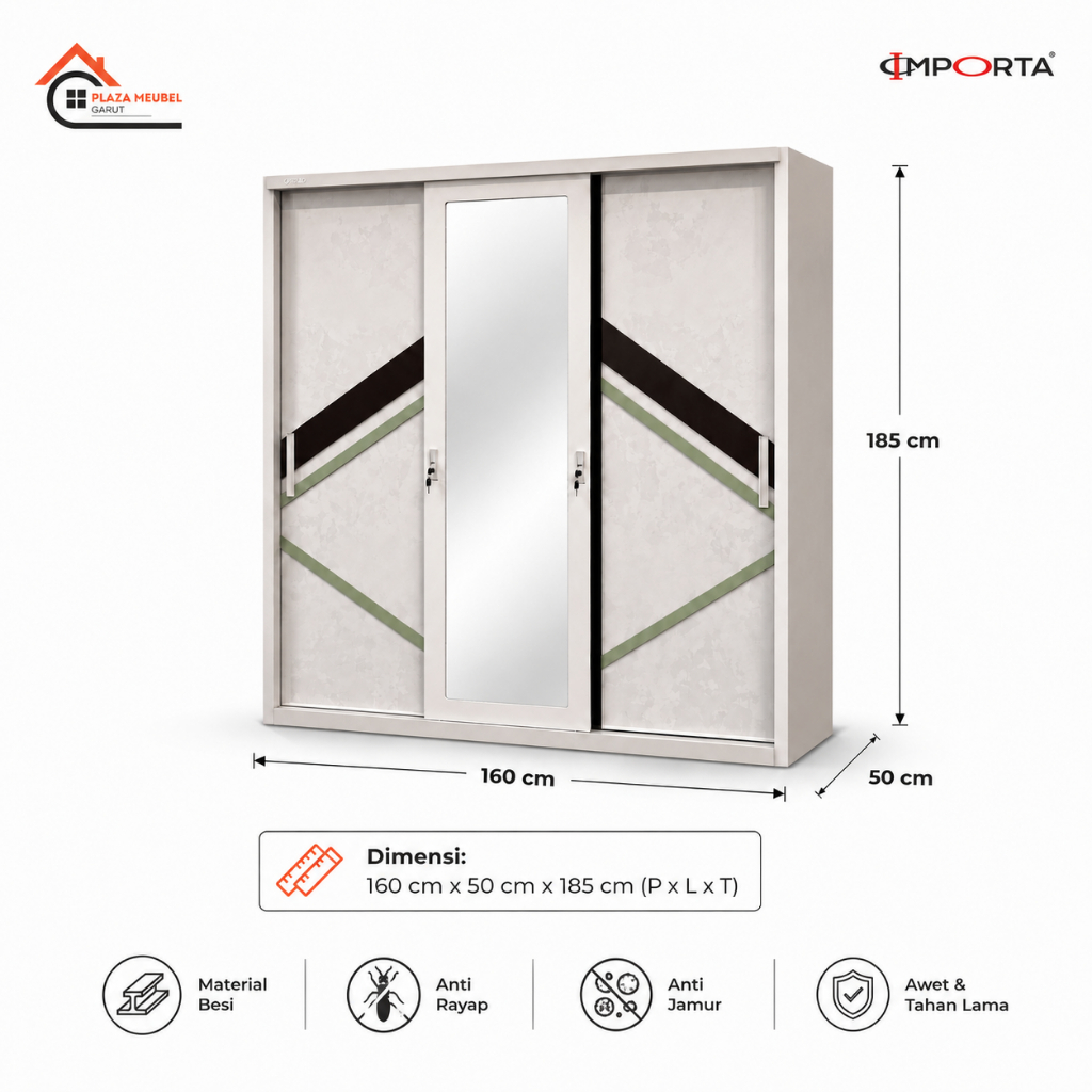 Lemari Besi 3 Pintu Okelo Importa 160cm | Lemari Pakaian Besi Minimalis Berkunci