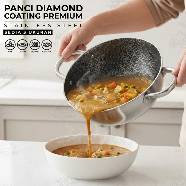 Panci Sup Stainless Steel Diamond Coating 18cm 20cm 22cm | Panci Hotpot Korea Tebal Kokoh untuk Shab
