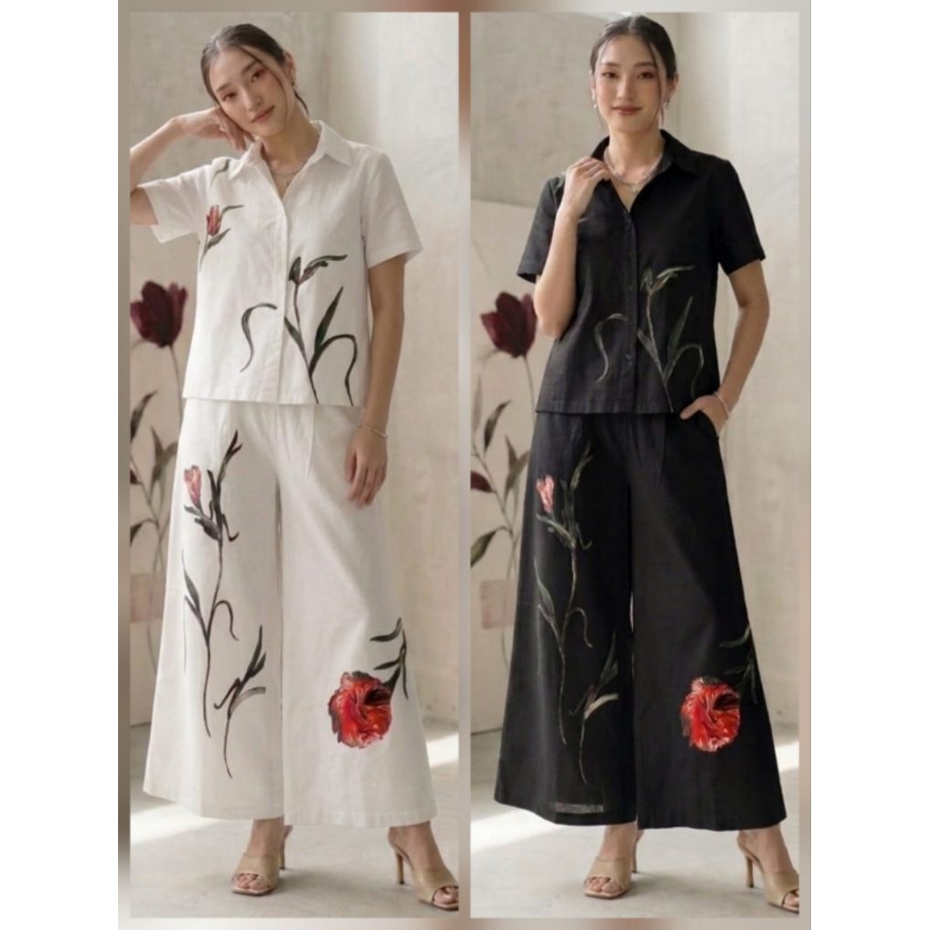 Setelan Kulot Wanita Premium PUPE 9621/JUMBO, Motif Bunga Tulip / One Set Kemeja Kulot Aesthetic Ele