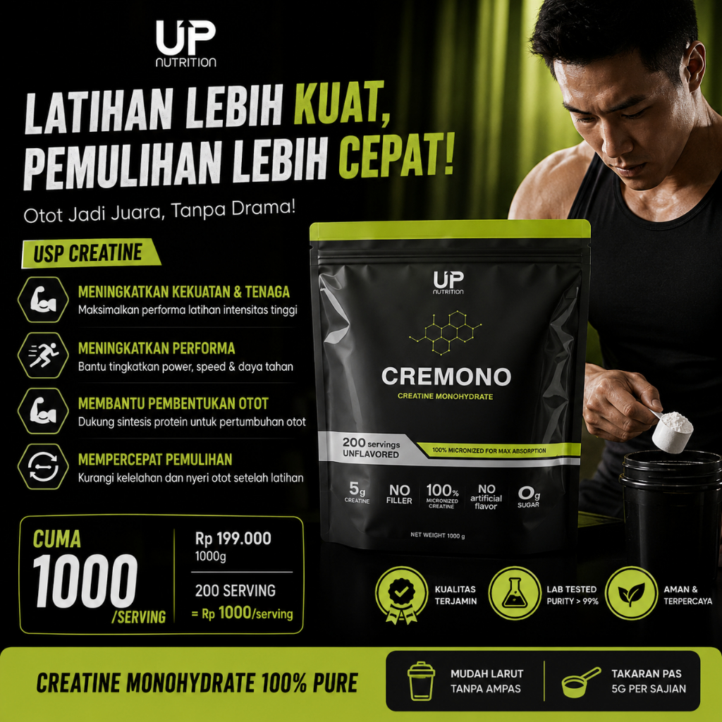 UP Nutrition Cremono Creatine Monohydrate 1000g – 200 Servings Pure Creatine