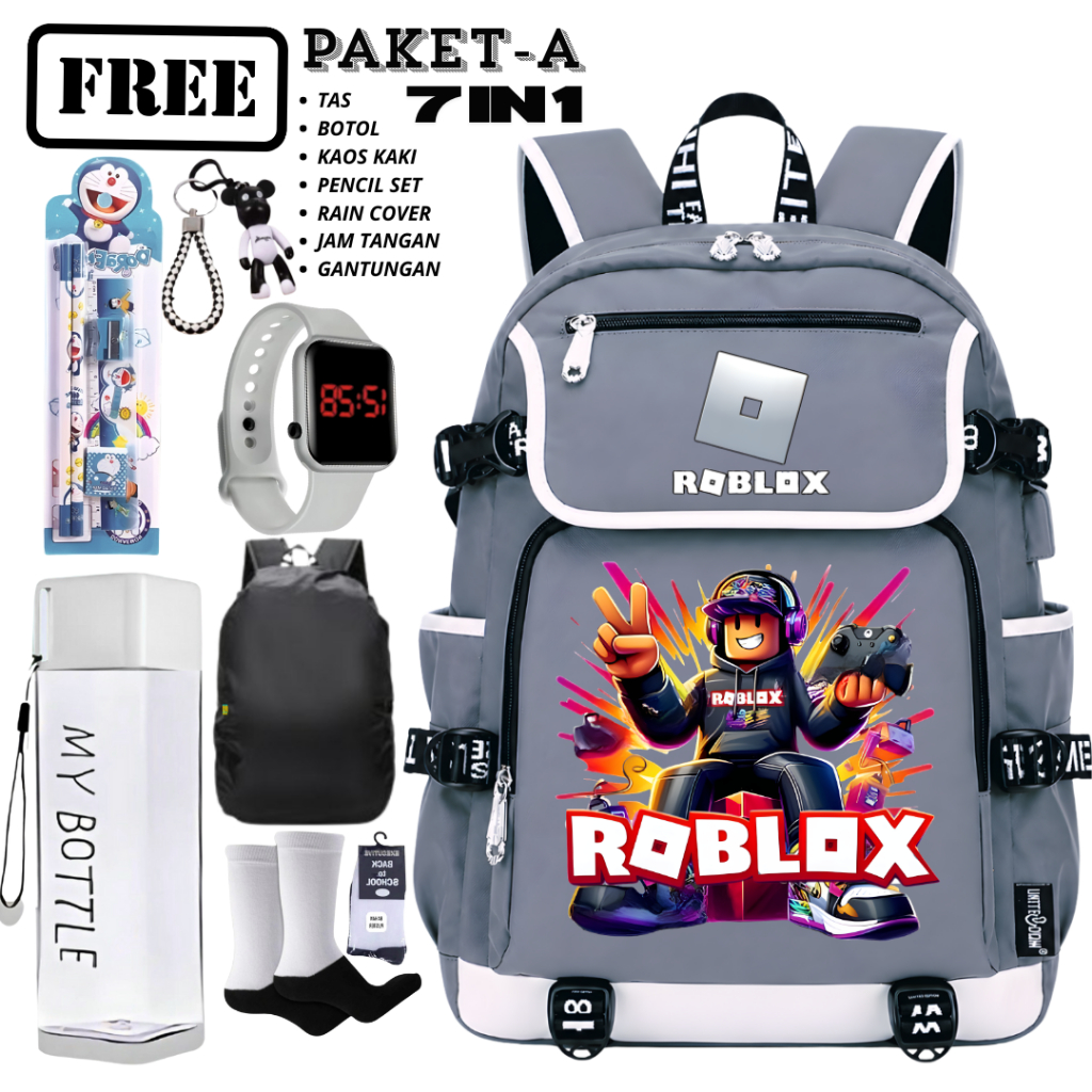 Ransel Anak Unisex Roblox Super Star Biru Putih Set 7in1 Dengan Tas, Jam Tangan, My Bottle, Dan Akse