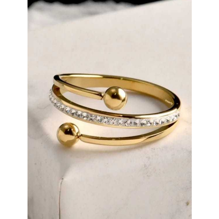 Cincin Permata Boba Lilit 2 Layer Kekinian | Cincin Titanium Gold Wanita Elegan Viral Trendi Fashion