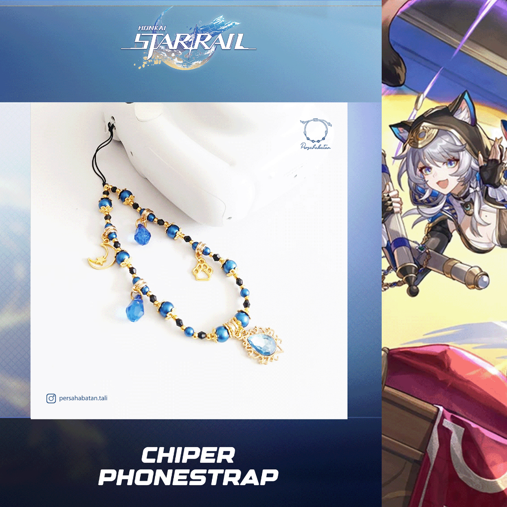 Chiper Honkai Star Rail Phonestrap Biru Emas Kucing Bulan