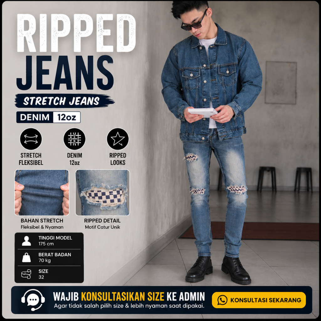Weird Jeans   - Blue Chess - Celana Jeans Panjang Pria  Slimfit Ripped Jeans